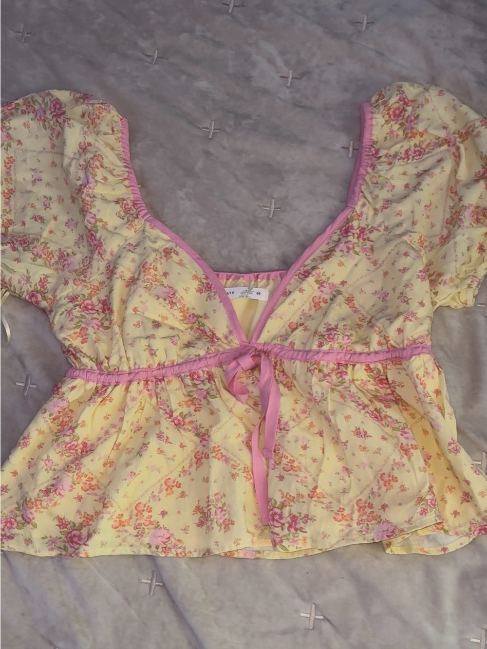 Altar'd State Yellow Floral Tie-Front Puff Sleeve Top with Pink Trim